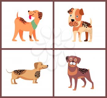 Weimaraner with neckerchief, boxer puppy, adorable dachshund and friendly rottweiler isolated cartoon vector illustrations on white background.