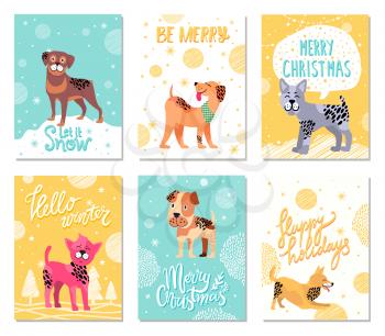Let it snow and be merry, hello winter and happy holidays, posters with dogs filled with happiness that are outside at wintertime vector illustration