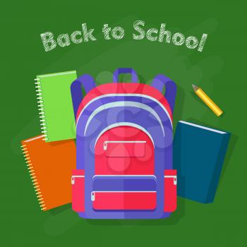 Back to school. Violet backpack with red lines and four pockets. School objects behind. Yellow pencil, green and orange notebooks, blue book. Illustration in cartoon style. Flat design. Vector