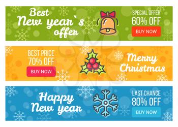 Colorful sale card last chance buy now best price, vector illustrations with cute bell, holly berries and snowflake isolated on blue, yellow and green