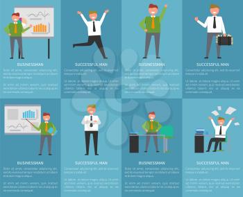 Success and business related collection of posters with blue backgrounds and text. Vector illustration of smiling successful office workers, executive managers