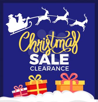 Christmas sale clearance card vector illustration with white print of Santa and his three deers and cute gift boxes isolated on dark blue background