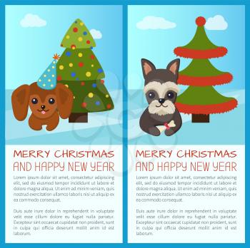 Merry Christmas and Happy New Year, placards with headlines and text sample, pine tree with star and dog with cap isolated on vector illustration
