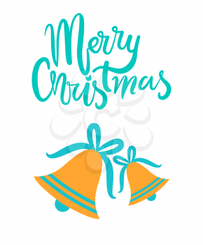 Merry Christmas greeting card with gold jingle bells on blue ribbons tied in bows isolated cartoon flat vector on white, festive symbolic objects.