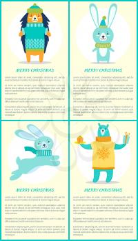 Merry Christmas set of posters with congratulations from wild animals dressed in knitted clothes. Vector illustration with bear, present and hares