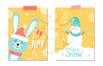 Joy and let it snow, posters set with letterings and images of rabbit in hat, snowman wearing hat, icons of present and candy vector illustration