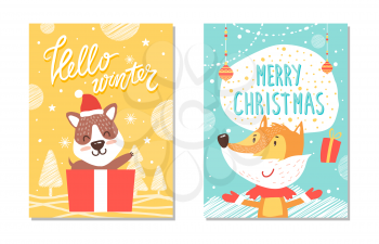 Hello winter, merry Christmas, posters collection with puppy in box, fox with present, garlands and balls, trees and snowflakes vector illustration