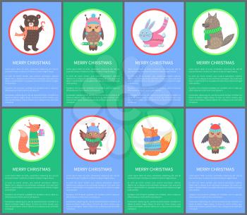 Merry Christmas colorful congratulation postcard with beautiful hare and fox, cute beer, owl in hat, grey wolf, bullfinch in scarf vector with animals