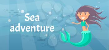 Sea adventure with marine wild nature, mermaid and fishes. Underwater life of sea creatures. Girl with fish tail and long hair smiles and swims in blue water. Cartoon nautical character lives in ocean