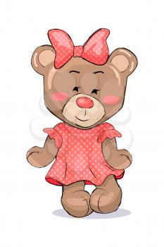 Fluffy bear female animal in pink dotted dress and bow, vector illustration of cute teddy girl, stuffed toy for play isolated on white background