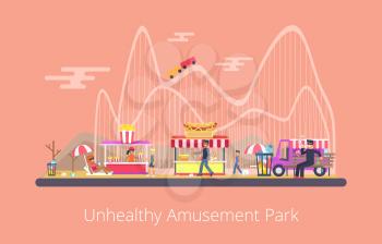 Unhealthy amusement park poster, attractions and people, shopping tents selling junk food and person smoking, garbage and trash vector illustration