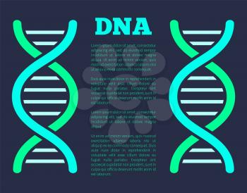 DNA poster with headline, structure of genetic codes detailed, dna with lettering of green color, vector illustration isolated on black background