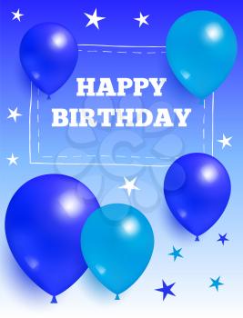 Happy birthday background with glossy balloons stars in frame, flying air balloon greeting card design congratulations on blue backdrop helium objects