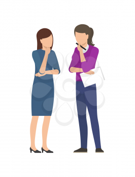 Two women discussing business plan, two business ladies speaking about startup project isolated on white background. Management and teamwork concept