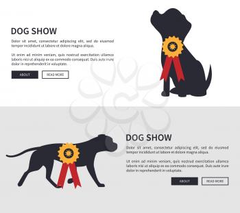 Dog show poster web pages, collection of sites with buttons and headlines, text sample and dog show, vector illustration isolated on white background