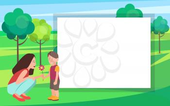 Son presenting flower to his adorable mother vector with white frame for text. Boy gives blossom to woman, preschool kid in green park, trees and bushes