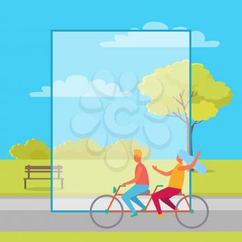 Man and woman riding double bicycle in green summertime park. Vector illustration with couple on bike with frame for text content in center