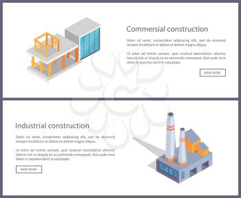 Commercial and industrial construction, web samples set with text sample and headlines, buttons and constructions isolated on vector illustration