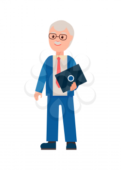 Elderly man standing with laptop and wearing suit, business person dealing with solutions and problems of corporation, isolated on vector illustration