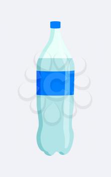 Plastic bottle with label, cap of blue color container with liquid and beverage item at supermarket vector illustration isolated on white background