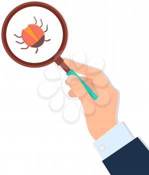 Computer bug in magnifying glass in human hand. Sign for mobile concept and web design. Software virus simple logo. Antivirus web protection and computer security concept. Error, bug or scam detected