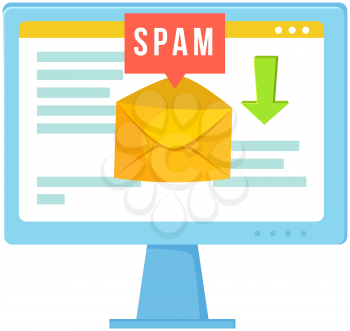 Spam email warning window appear on laptop screen. Concept of virus, piracy, hacking and security. Envelope with spam. E-mail protection, anti-malware software. Mailing of advertising correspondence