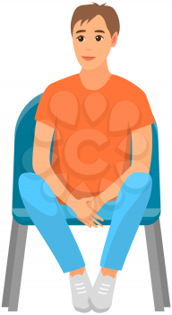 Guy in t-shirt sitting on chair and watching show isolated on white background. Male character in viewer seat is looking at something. Smiling man in audience, spectator sitting on viewer place