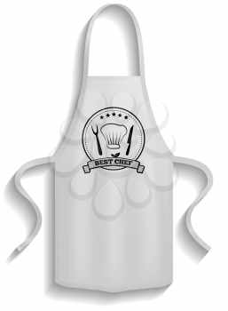 White aprons near cooking symbols. Clothes for work in kitchen, protective element of clothing for cooking. Chef clothing with long straps. Aprons next to icons of kitchen utensil, toque
