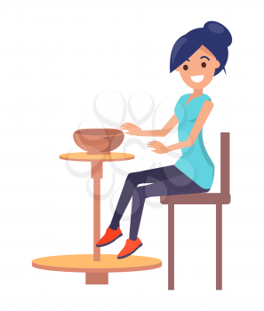 Cute woman creating a clay bowl, vector poster, illustration with happy girl sitting on chair and working with potter s wheel, clay modelling process