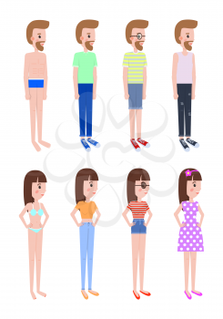 Girl and guy in summer clothes stands in profile. Female and male characters in casual light outfits isolated cartoon flat vector illustrations set.