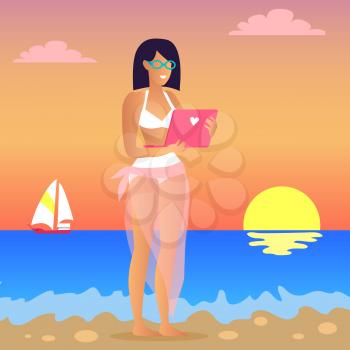 Business trip woman wearing swimming suit standing with laptop, reflection of sunset in sea water, sailboat and clouds isolated on vector illustration