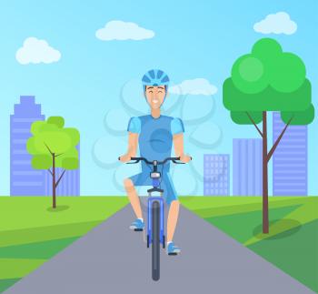 Pretty cyclist in blue suit vector illustration color poster with set of skyscrapers, two trees, grey road, smiling man, cute helmet, sunny summer day