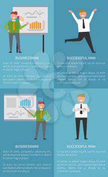 Successful businessman set of banners with text. Isolated vector illustration of men standing at whiteboard pointing at charts, hopping and posing