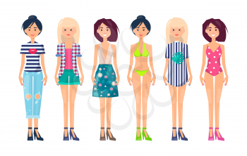 Group of women in summer mode collection of clothes on different choice set. Summer vogue apparel on pretty slim girls in fashionable garment vector