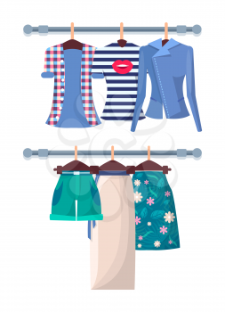 Summer mode poster with fashionable shirts shorts and skirts hanging on racks in clothes store vector illustration shopping concept shirts and skirts