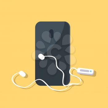Smartphone in black color with white earphones isolated on yellow background. Vector colorful illustration of closeup modern gadget