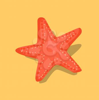 Red starfish or sea star star-shaped echinoderm on beige sand background. Starfish colorful marine decorative underwater creature vector illustration