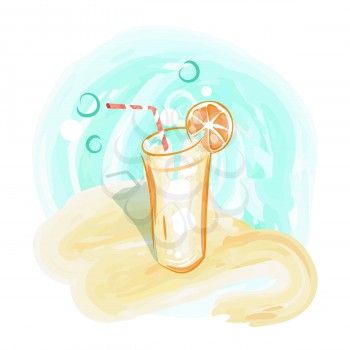 Refreshing drink on sandy beach background vector illustration on white. Glass of cool beverage with ice, striped straw and juicy orange