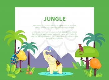 Indian jungle banner with place for text and leafy trees, tall palms, white elephant, bright peacock, funny monkey vector illustration.