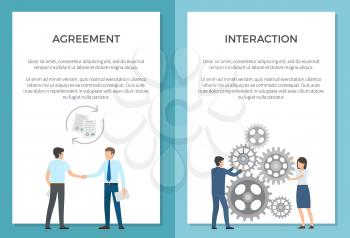 Agreement and interaction set of posters with text. Vector illustration of successful men shaking hand along with two employees spinning gear wheels