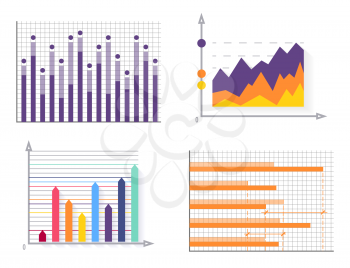 Graphics collection poster, banner and information with colorful charts graphics set arrows and dots, vector illustration isolated on white background