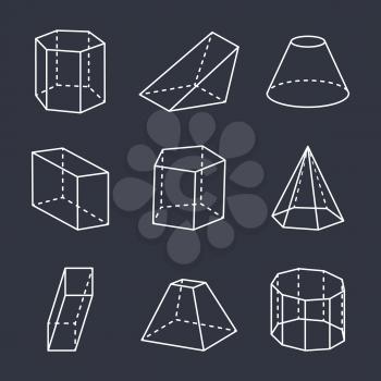 Geometric shapes set, poster with geometric forms, cube and blunted cone with flat top, pyramid and cuboid, vector illustration isolated on black