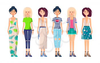 Stylish girls set in summer vogue collection of clothing, exclusive sarafan, jeans and t-shirts, pants skirts, slim cartoon women in morden apparel vector