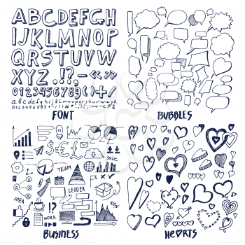 Font and bubbles, business and hearts, colorless hand drawn elements of bulb, graphics and words, alphabet and frames isolated on vector illustration