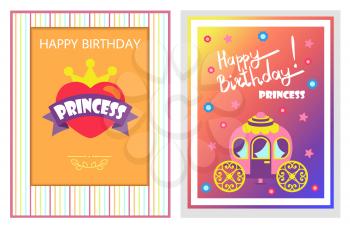 Happy Birthday princess, set of cards with greetings for girl heart and crown carriage and flowers with stars postcards collection vector illustration