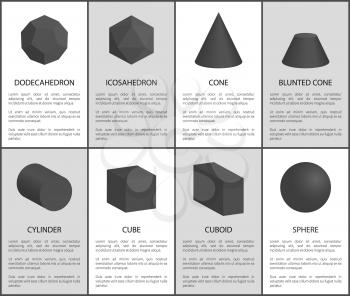 Dodecahedron and icosahedron, black prisms set, vector illustration, blunted cone and cylinder, cube and cuboid, sphere and cone, geometric figures