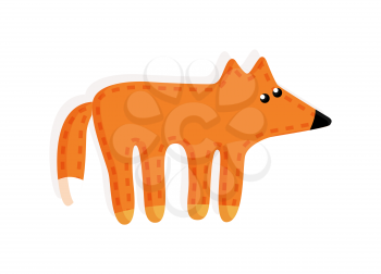 Sticker of fox with fluffy tail vector illustration of cartoon toy for children play isolated on white background. Cute forest animal in flat design