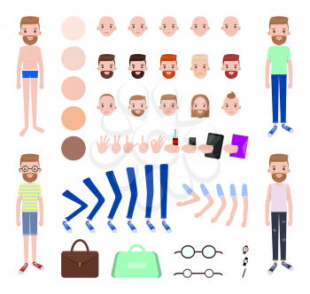 Modern guy with spare outfits and body parts set. Guy in swimming trunks and everyday summer outfits. Character with supplies vector illustration.