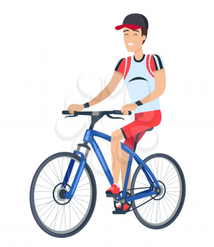 Man riding bicycle, poster with bicyclist and good emotions, lifestyle and activities, bike and male, vector illustration isolated on white background
