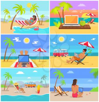 Men and women work as freelancers in summer at beach set. Freelancers in swimsuits and trunks work on laptops at sandy beaches vector illustrations.